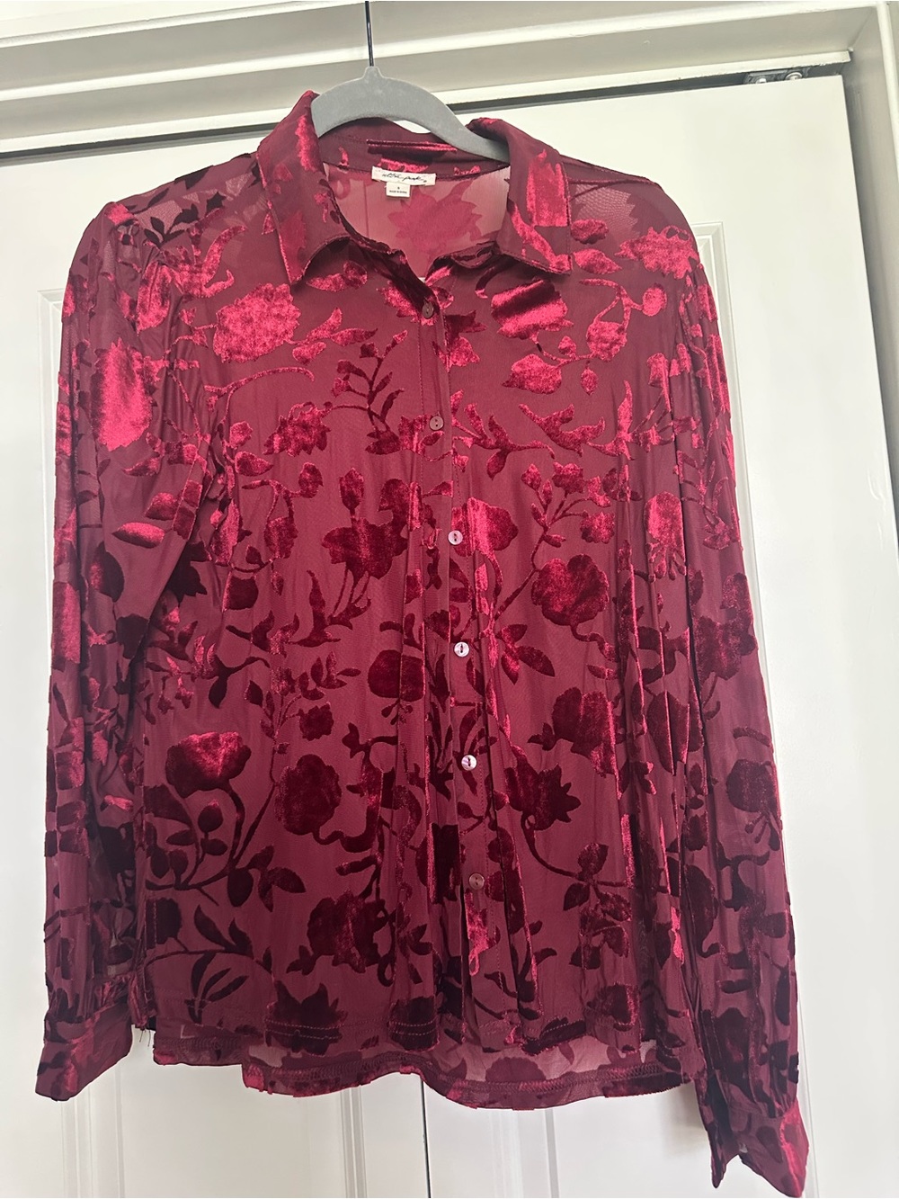 Ultra Pink Wine Velvet Burnout Floral Button-Front Blouse